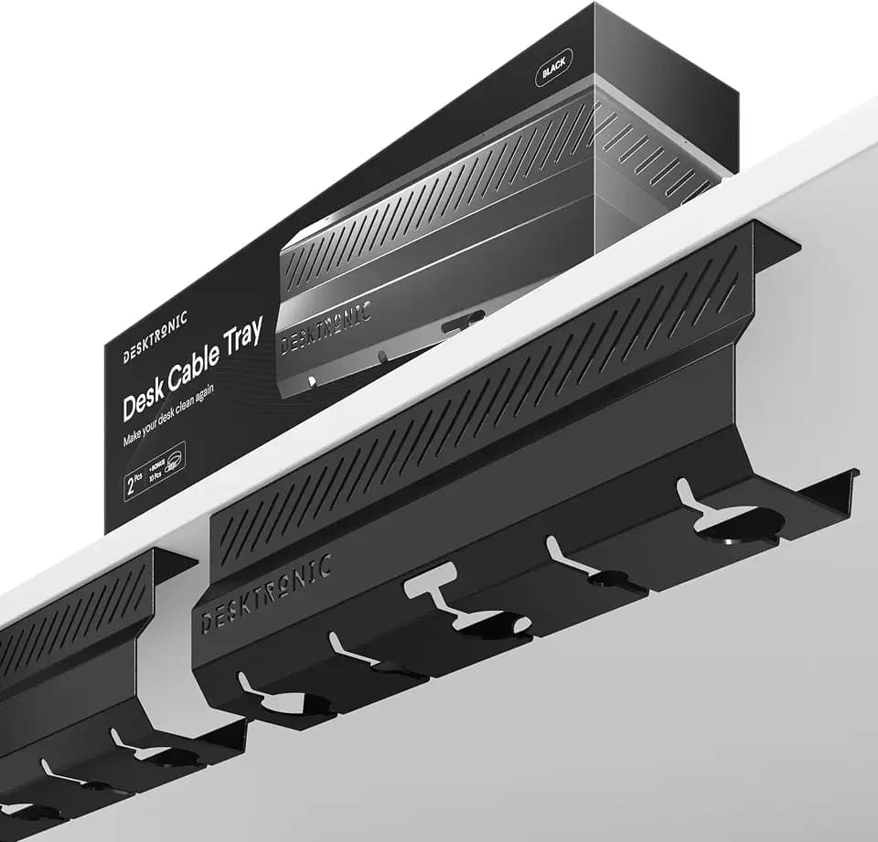 Kabelkanal Schreibtisch Schwarz 2er Set - Edelstahl Kabelmanagement Schreibtisch Kabelkanal mit 5 Kabelausschnitten - Einfach zu Installierender Kabel-Organizer - Kabelhalter von Desktronic