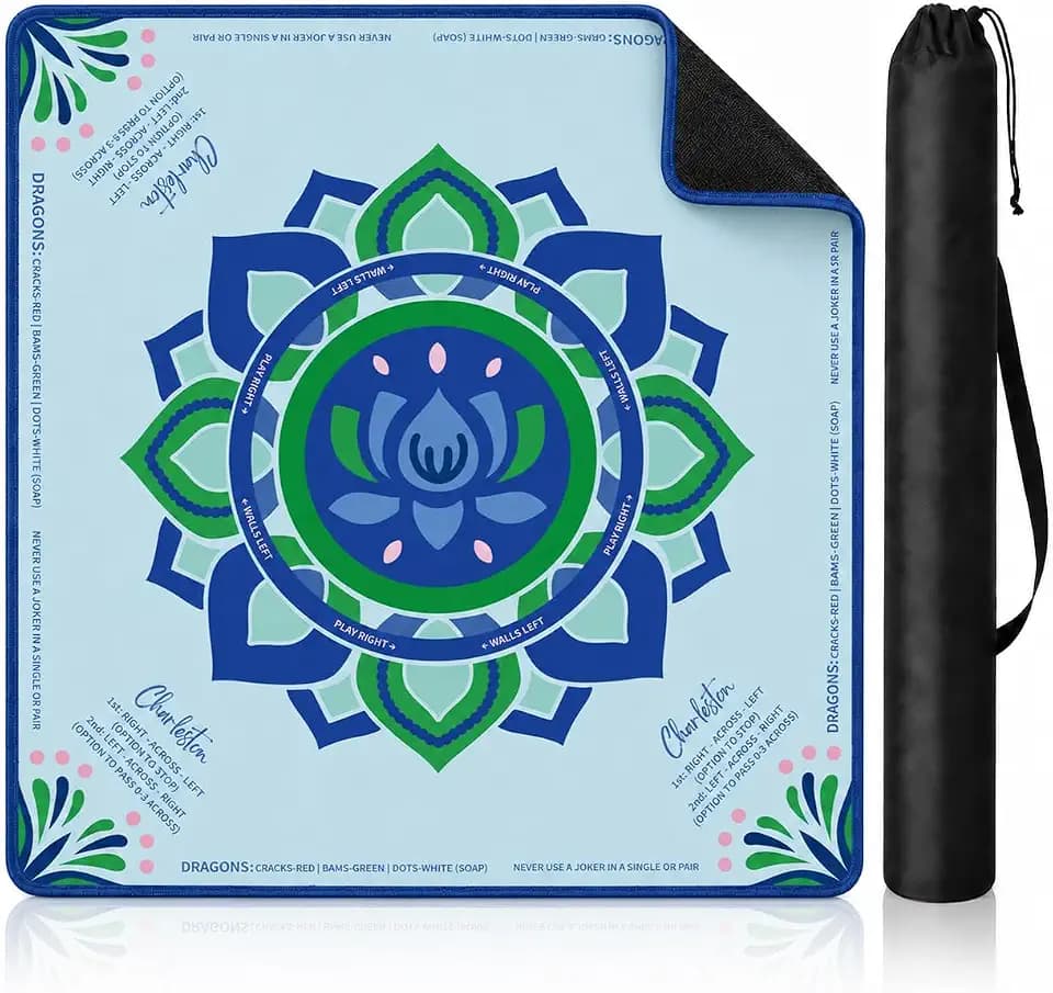 WeRBestie Mahjong Mat with Rules, Blue Mandala, 33 Inch, 3mm Neoprene