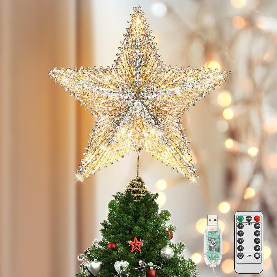 Luxspire Weihnachtsbaumspitze, Glitzern Christbaumspitze mit USB Betrieben, Timer und Fernbedienung Weihnachtsbaumspitze Stern Beleuchtet Weihnachtsdeko, Champagner Gold
