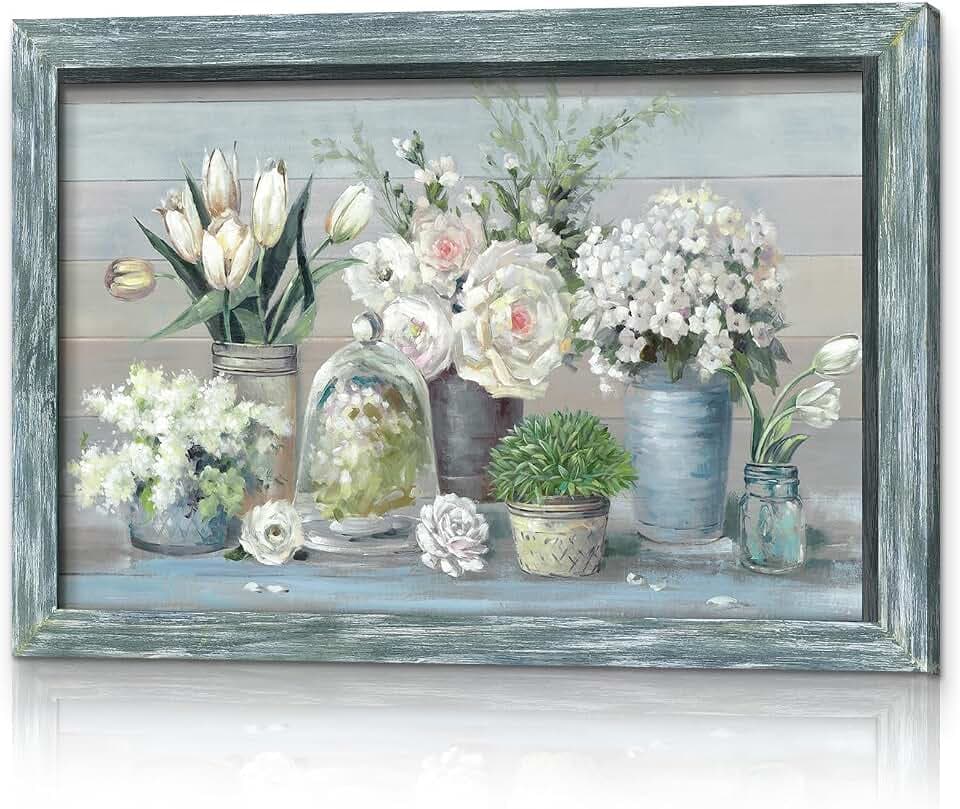 HILL WEST Rustic White Flower Bouquet Wooden Framed Wall Art, 45x30inch