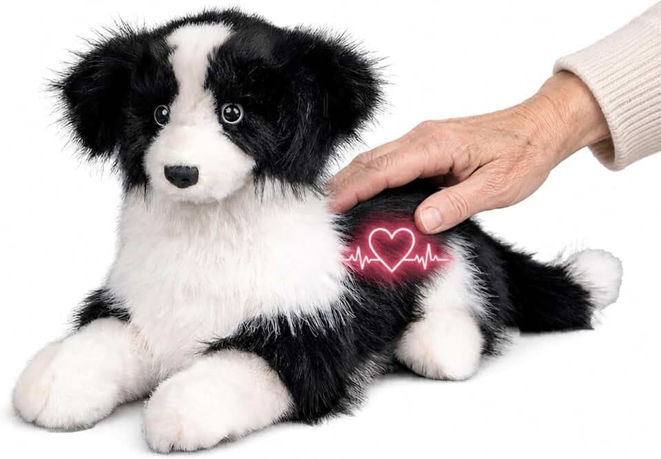 Chongker Interaktiver Border Collie Hund für Senioren, Realistischer Plüschhund mit Bellen, Schnurren & Herzschlag, Reagiert auf Berührung und Namen, Sprachaktivierter Begleithund