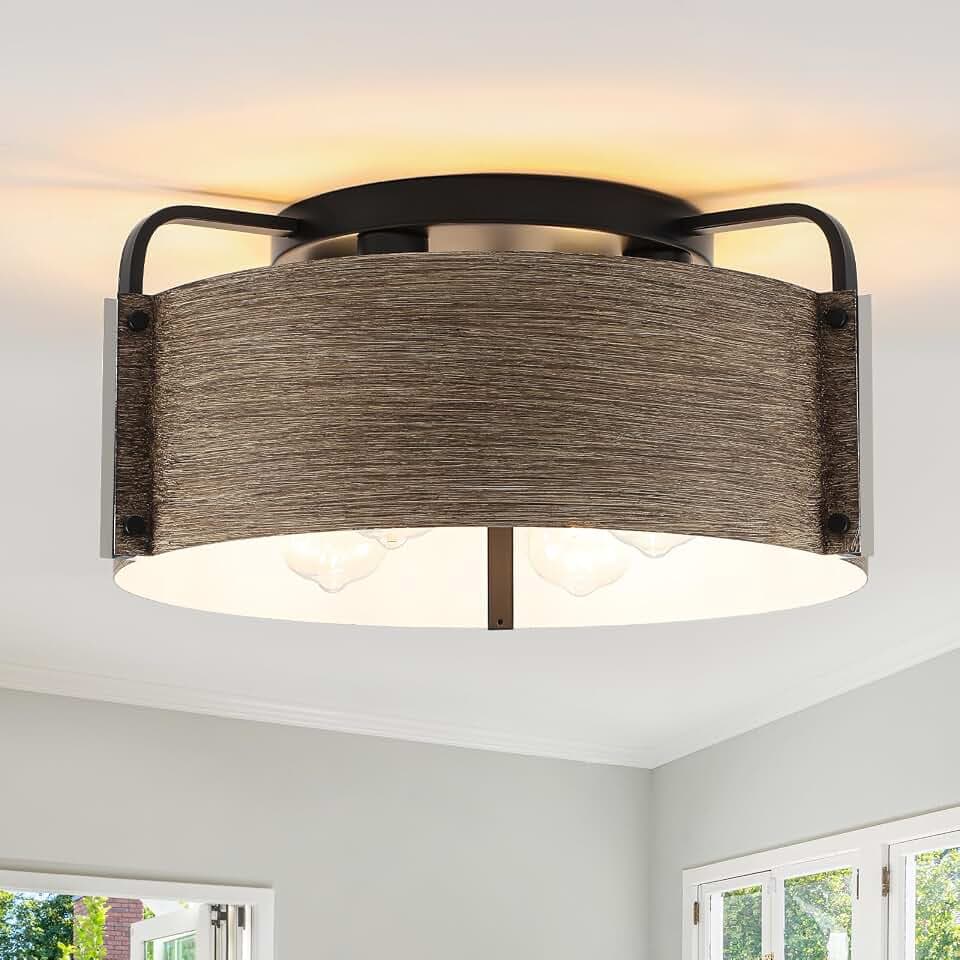 Flush Mount Ceiling Light, 4-Light Farmhouse Ceiling Light Fixture Metal Wood Grain Finish Close to Ceiling Lights for Living Room Kitchen Island Dining Room, E26 Base(Not Included Blub)