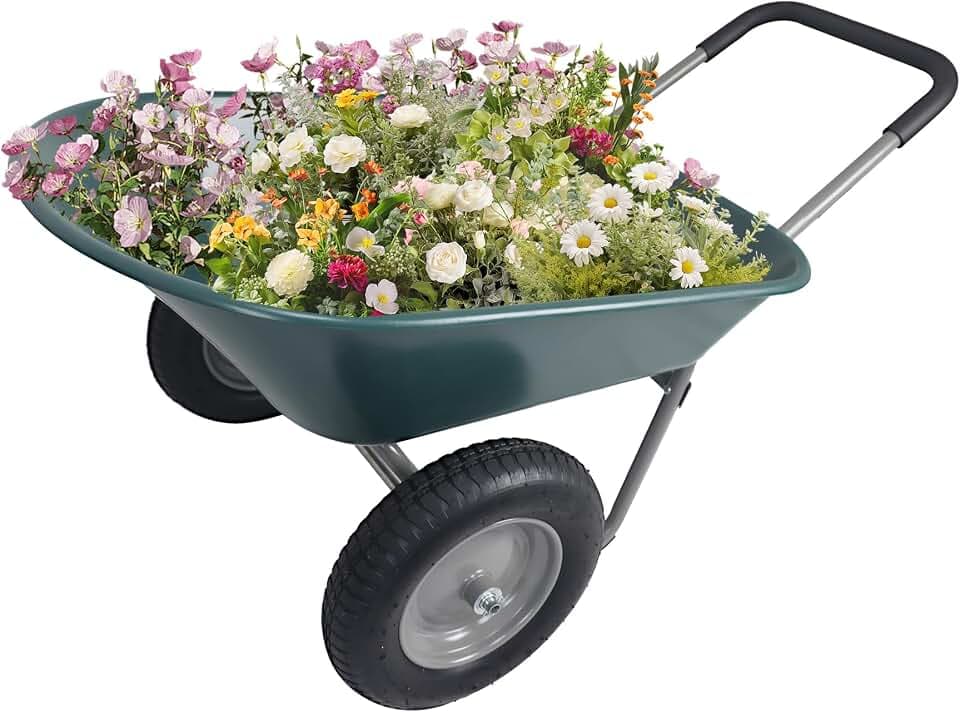 Elevon Gartenwagen, robust, für den Hausgebrauch, Doppelrad, für Haus, Garten, Hof, mit integriertem Ständer, Grün