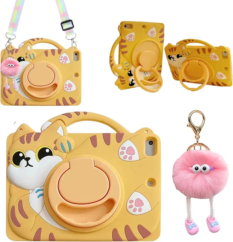 3D Cute Vivid Cat Case for Samsung Galaxy Tab A 10.1 inch 2019 SM-T510/T515(Not for Other 10.1 inch Tablet),Kawaii Cartoon Pretty Cat Soft Silicone Rotating Stand Case with Lanyard for Kids Teens