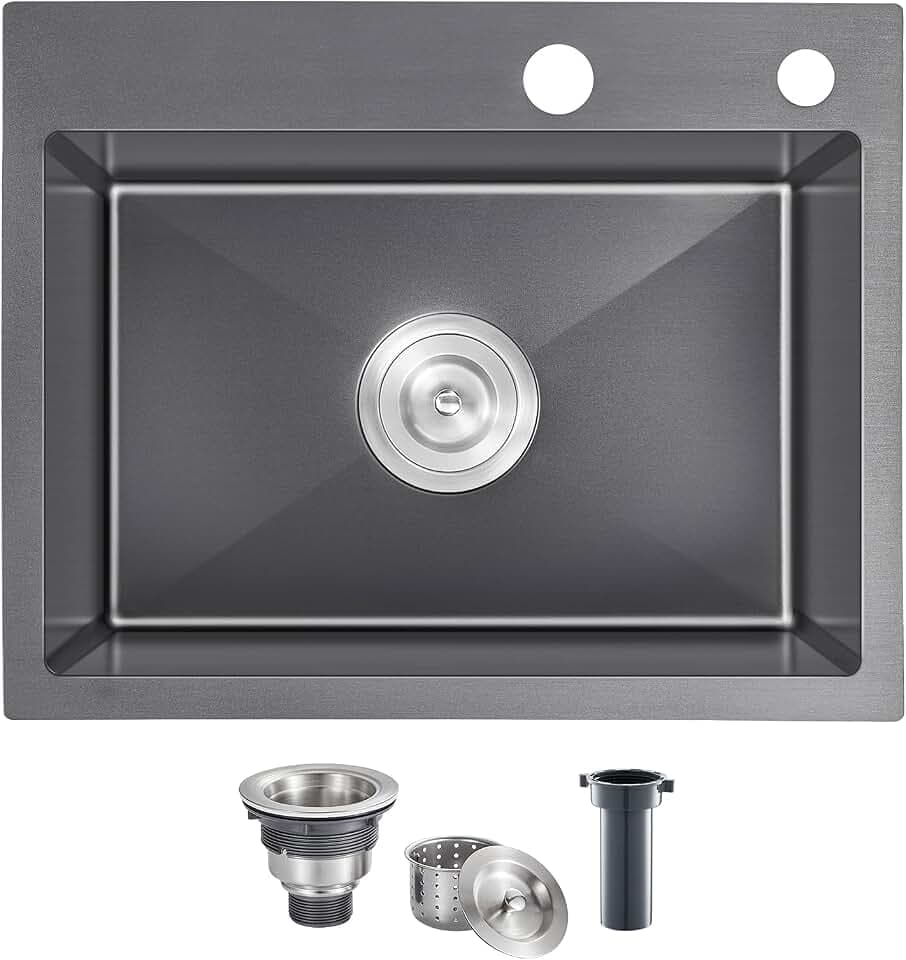 24 inch Drop-In Single Bowl Kitchen Sink 304 Black Steel 9" Deep