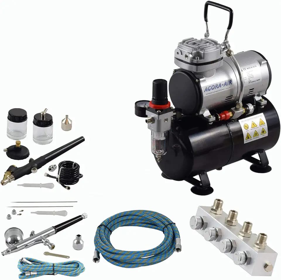 Agora-Tec® Airbrush Komplett-Set Profi XIII.1 Kompressor 3L + 2 Pistolen