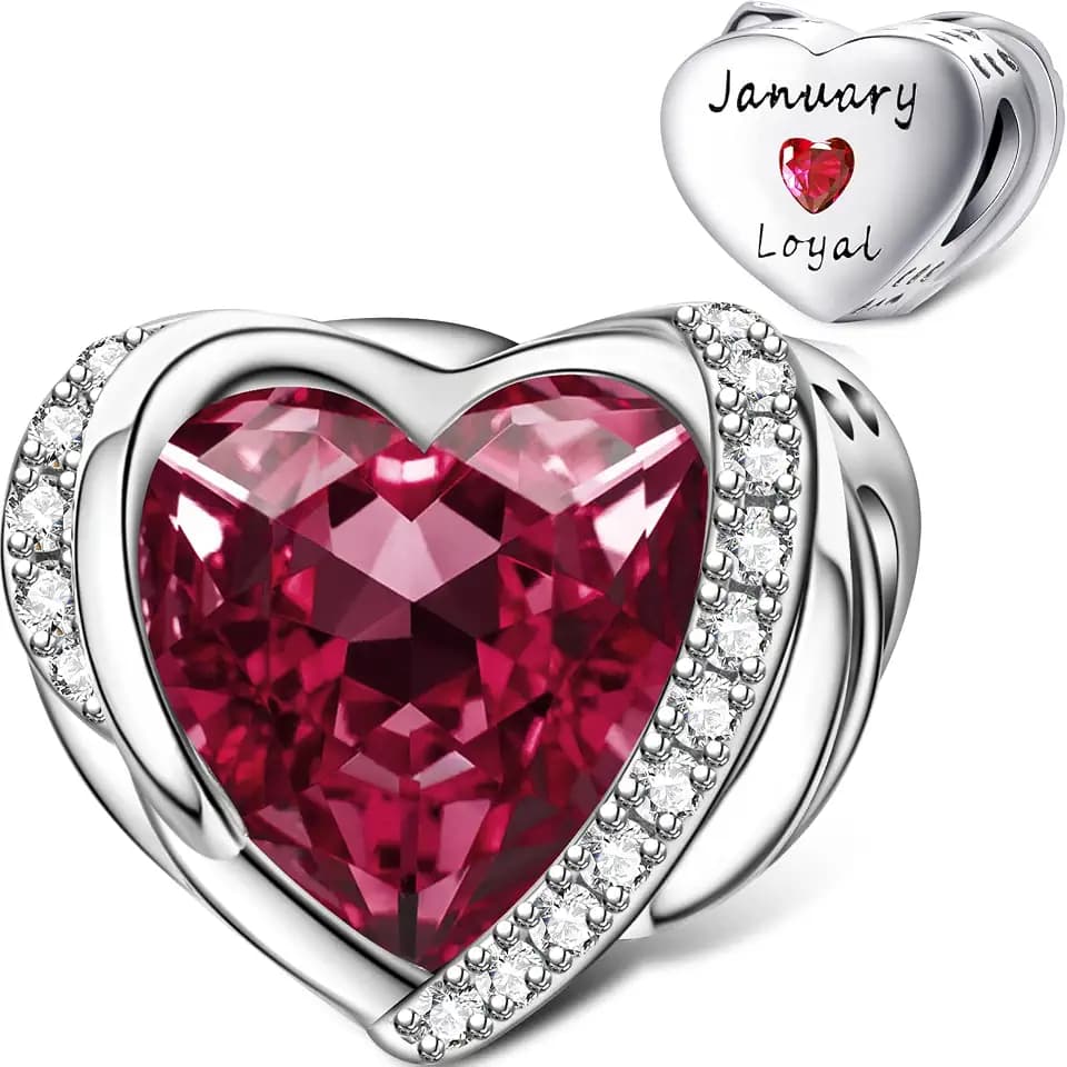 NINGAN Birthstone Charms for Bracelets, Angel Wings 925 Sterling Silver Love Heart Bead Pendant Engraved Symbolizes, Happy Birthday Mother's day Jewelry Gifts for Women