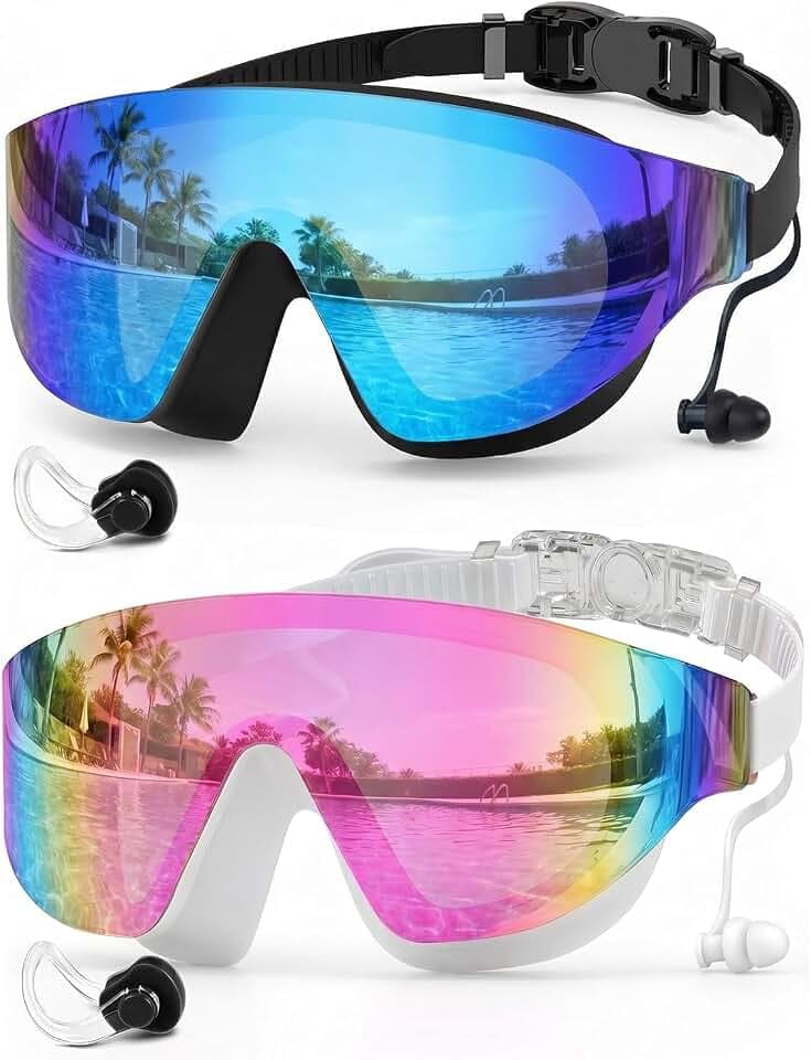 Zoomsnail Swim Goggles 2 Pack, Rimless Wide View Swimming Goggles for Adult, Anti-Fog UV Leaking Pool Goggles for Men Women