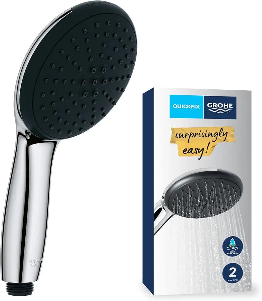 GROHE Vitalio 110, Duschkopf wassersparend, 8l pro Min (Handbrause 2 Strahlarten, per Drehregler verstellbar, Universalanschluss, Silikonring schützt Duschbrause bei Stürzen), rund, chrom, 27946001