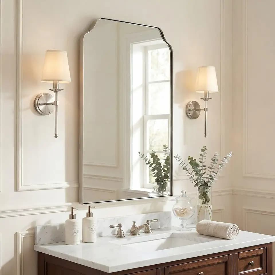ANDY STAR 24”x36” Brushed Nickel Scalloped Wall Mirror, Transitional Rectangular Silver Bathroom Mirror for Vanity, Solid Stainless Steel 1-Inch Deep Frame for Double Vanity & Entryway