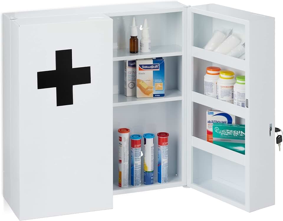 Relaxdays Medizinschrank XXL, abschließbar, 11 Fächer, Stahl, weiß/schearz