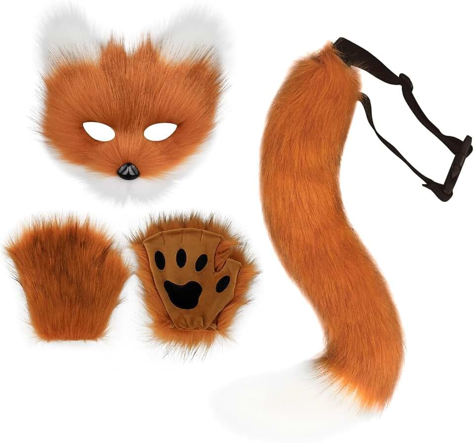 Adolala Faux Fur Fox Tail Cat Wolf Set Plush Mask Fluffy Paw Gloves Halloween Christmas Party for Women