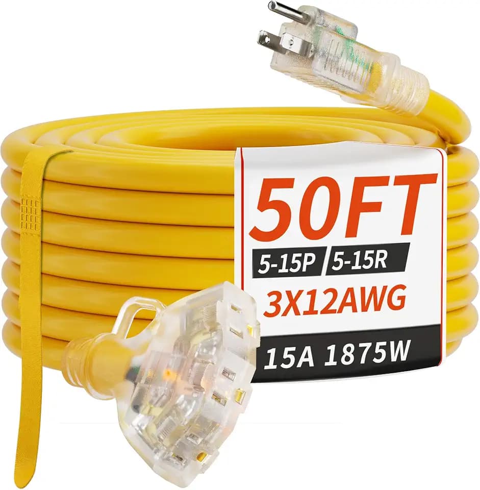 PlugSaf 50 FT 12 Gauge Yellow Heavy Duty Outdoor Extension Cord Waterproof
