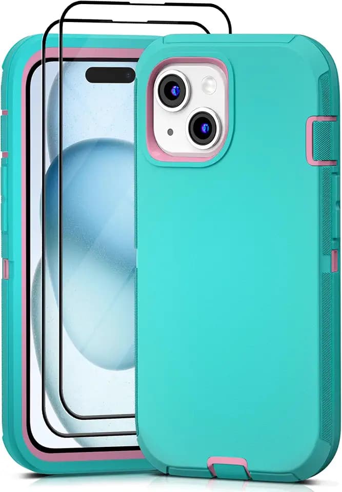 for iPhone 15 Case with 2 Pack Screen Protector - Heavy Duty Shockproof Military Grade Drop Protective Full Body Rugged Dust-Proof Cover(AquamarinePink)