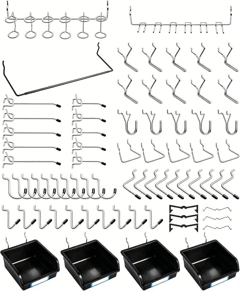 FRIMOONY Pegboard Hooks, with Bins, Peg Locks, for Organizing Various Tools, 131 PCS, 60 of Which are Locks