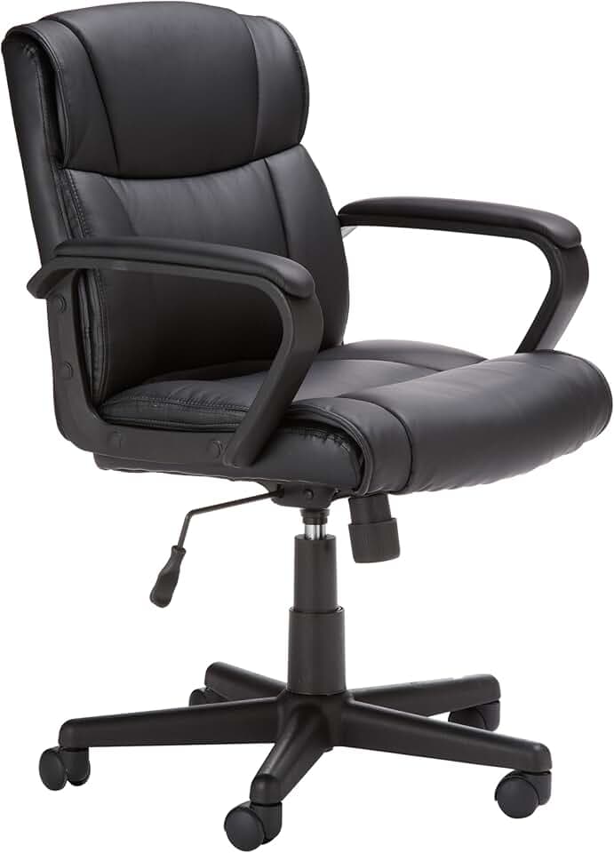 Amazon Basics Office Task Chair with Adjustable Height, 360° Swivel, Padded Armrests, Mid-Back, Rolling, 275 Pound Capacity, 24.2"D x 24"W x 34.8"H, Black Faux Leather