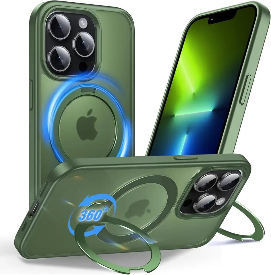 Anqrp 360° All-in-ONE Stand Case for iPhone 13 Pro with Rotatable Magnetic Kickstand Ring Holder, Compatible with MagSafe, MIL-Grade Shockproof iPhone 13 Pro Phone Case Cover 6.1" Deep Green
