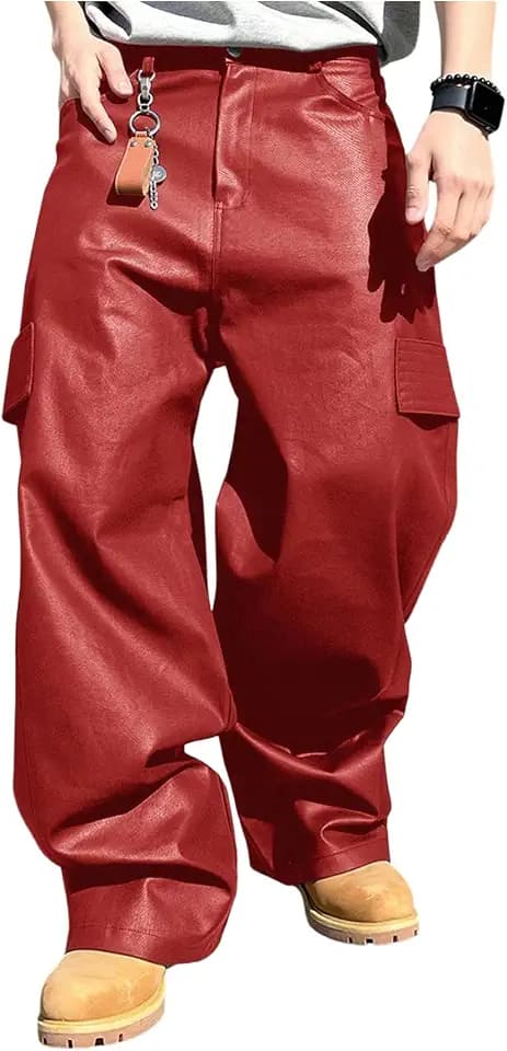 BEAUDRM Men's Faux Leather Cargo Pants Y2K Wide Leg Baggy Trousers