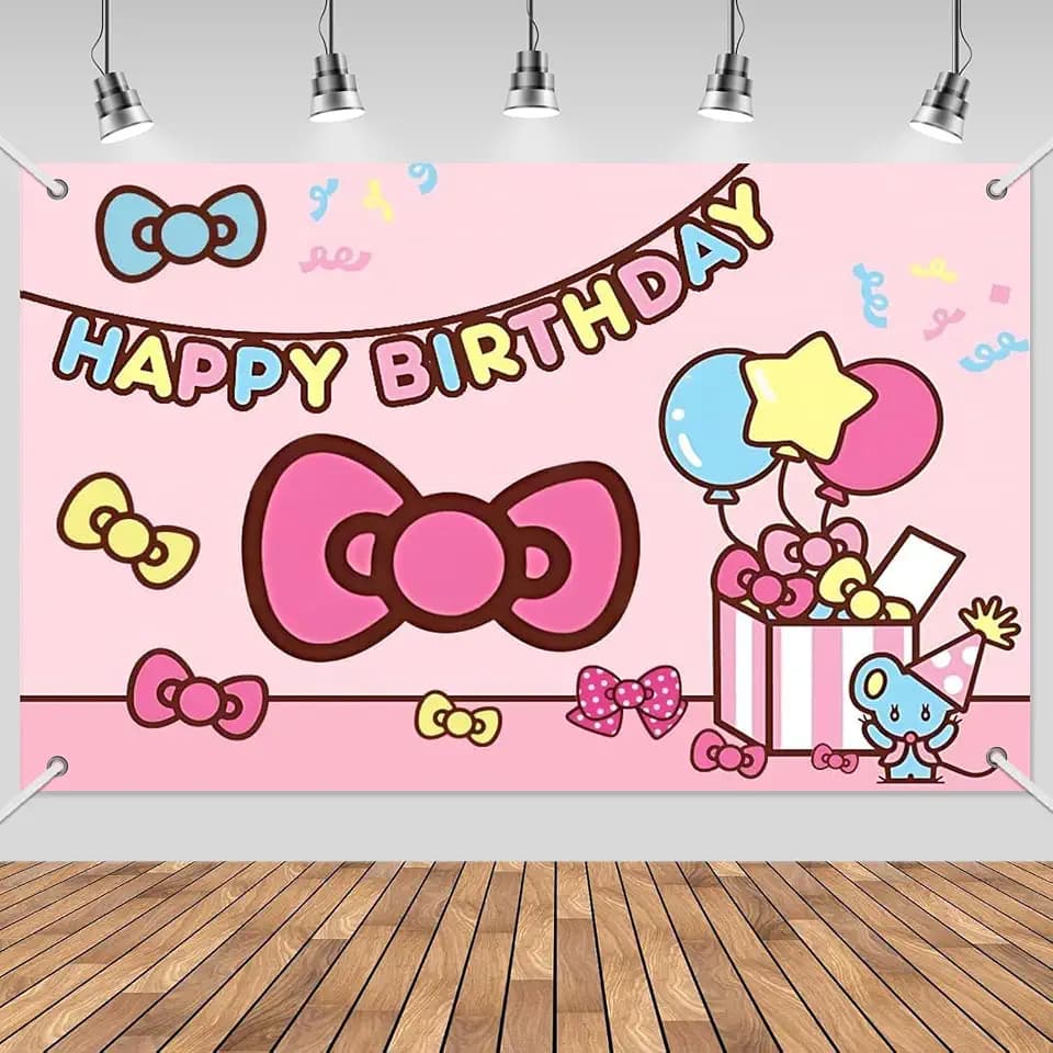 3x5ft Pink Bow Birthday Backdrop, Happy Birthday Decoration Background, Cute Cartoon Cat Theme Party Supplies Outdoor Indoor Photo Banner