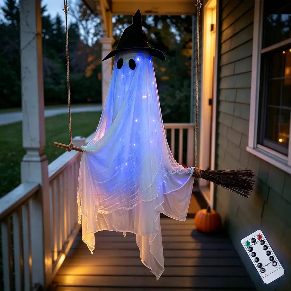 Halloween Swinging Ghost, Light-up Ghost on Broom Swing Decor for Outdoor