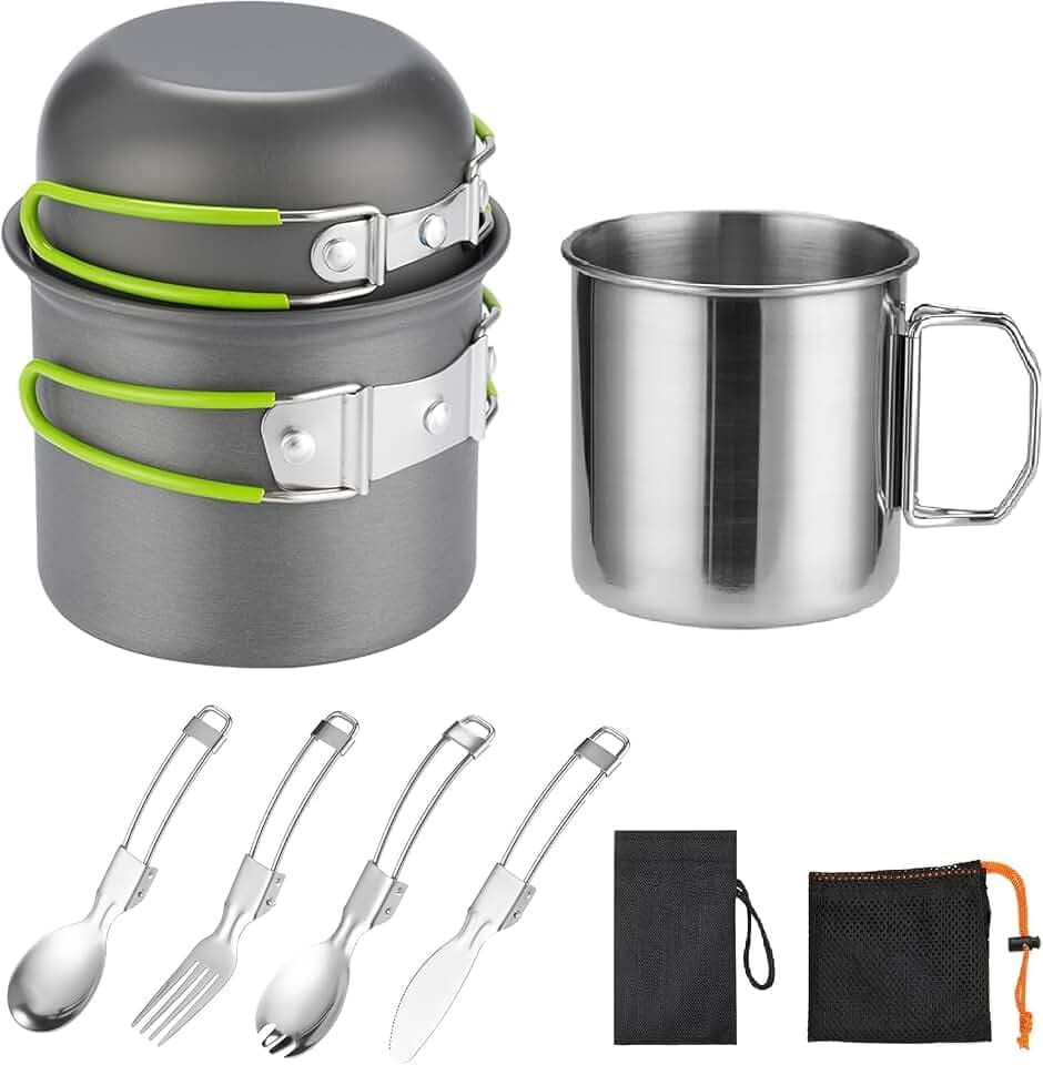 Camping Kochgeschirr Mess Kit für 1 Person, ISFORU Camping Antihaft-Kochset enthalten Rucksack Topf und Pfanne Set mit 304 Edelstahl Tasse und Utensilien Set
