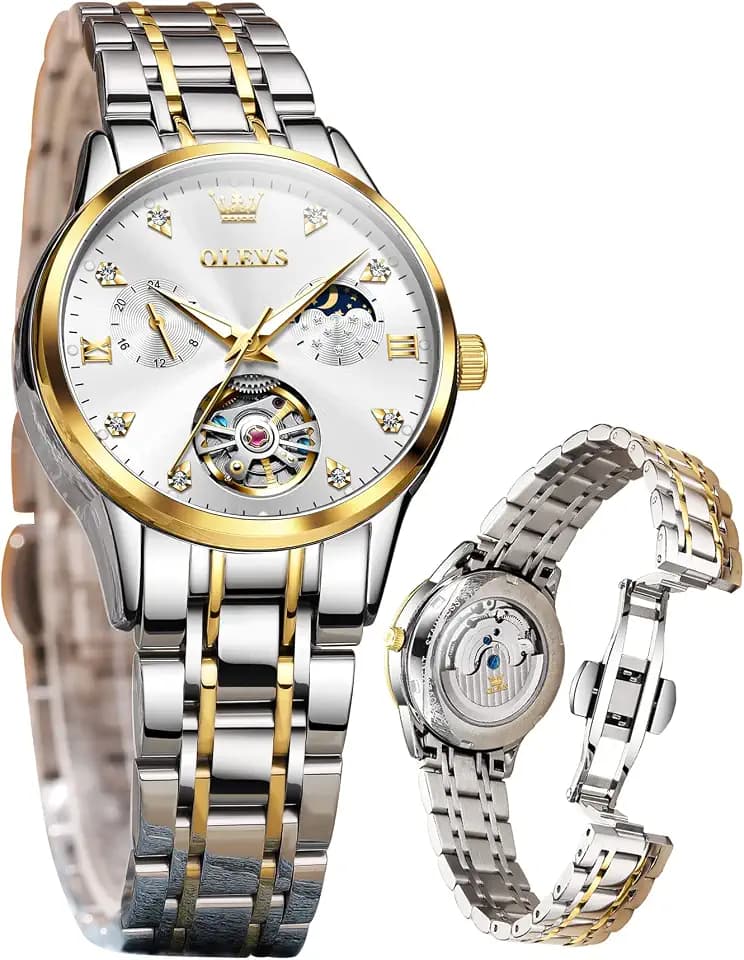 OLEVS Damenuhr Damen Automatik Mechanisch Skelett Luxus Diamant Elegant Edelstahl Wasserdicht Analog Uhr Damen
