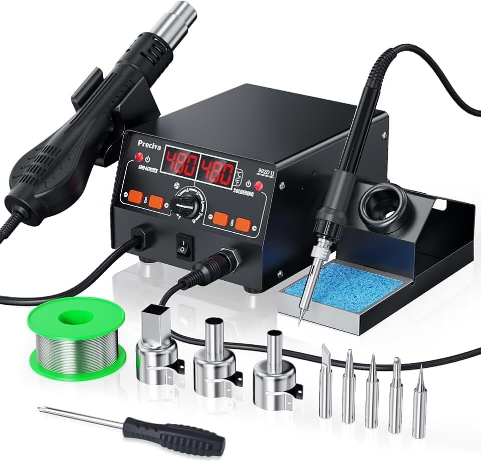 Preciva Lötstation 750W Heißluftlötstation Set 200-480°C mit dualem LED-Display, turbogeblasenem Lüfter & PID-SMT-Technologie für präzise Temperaturregelung und Energiesparmodus.