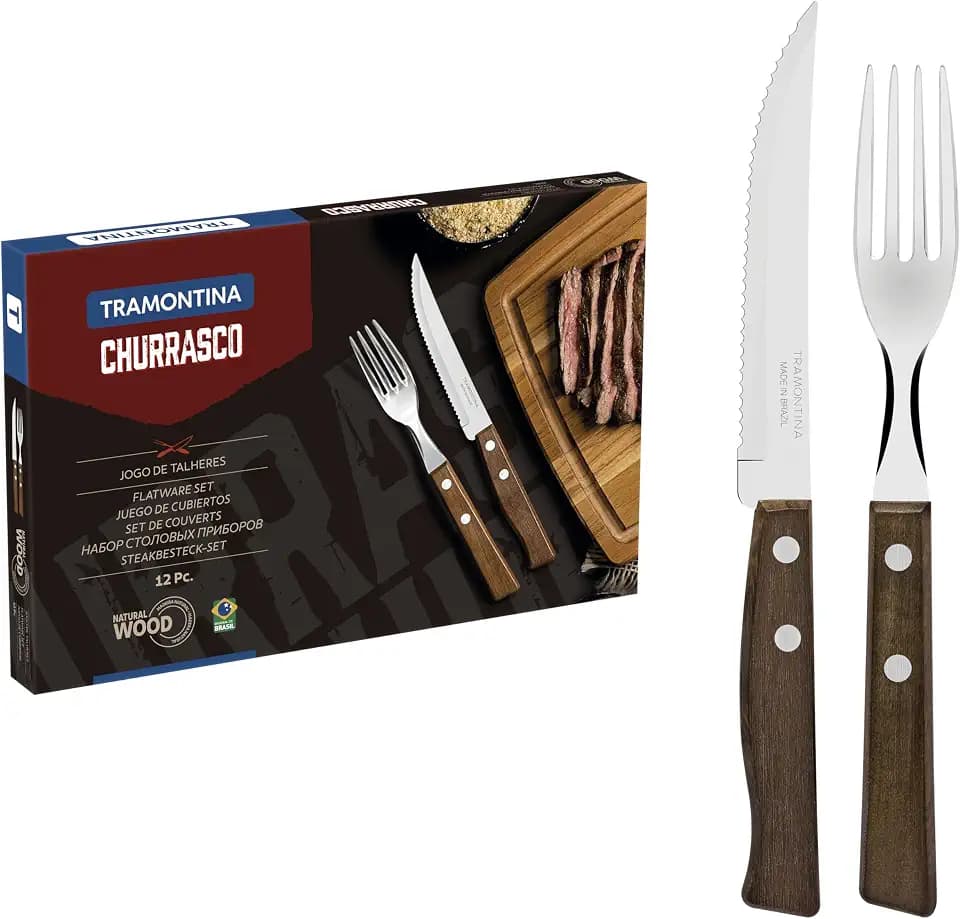 Tramontina 22299/002 Steakbesteck-Set, 12-teilig mit Naturholzgriffen 2-Fach vernietet