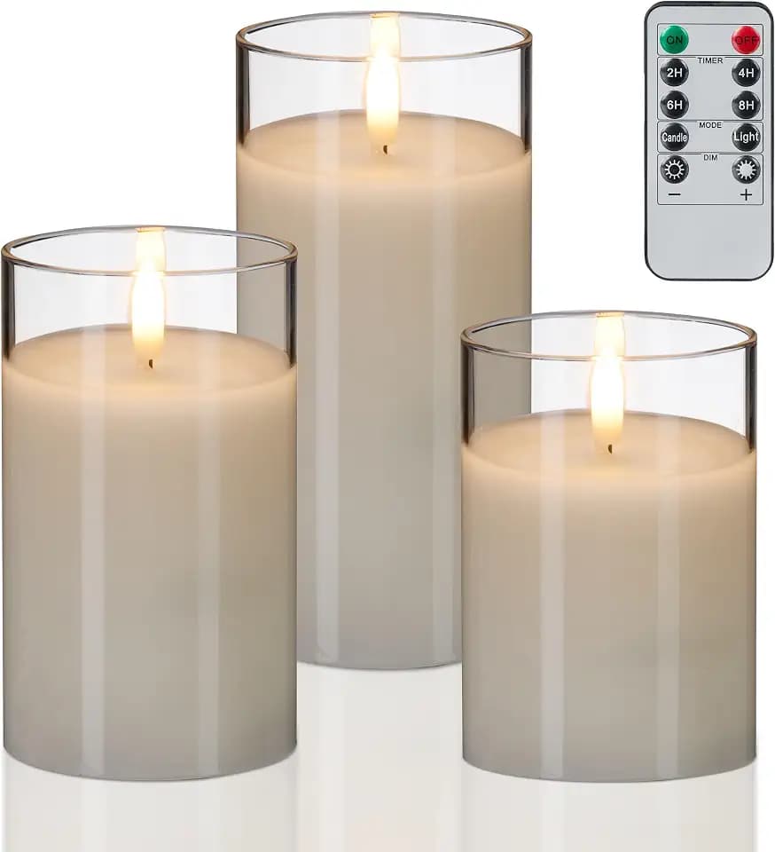 Relaxdays LED Kerzen im Glas, 3er Set, Fernbedienung, Timer & flackernde Flamme, Echtwachs, flammenlos, Farbwahl