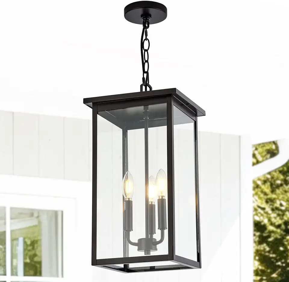 Large Outdoor Pendant Light Fixtures, Oil Rubbed Bronze 3-Lights Outdoor Ceiling Hanging Lanterns with Clear Glass, Exterior Gazebo Light for Patio, Porch, Yard, Gara