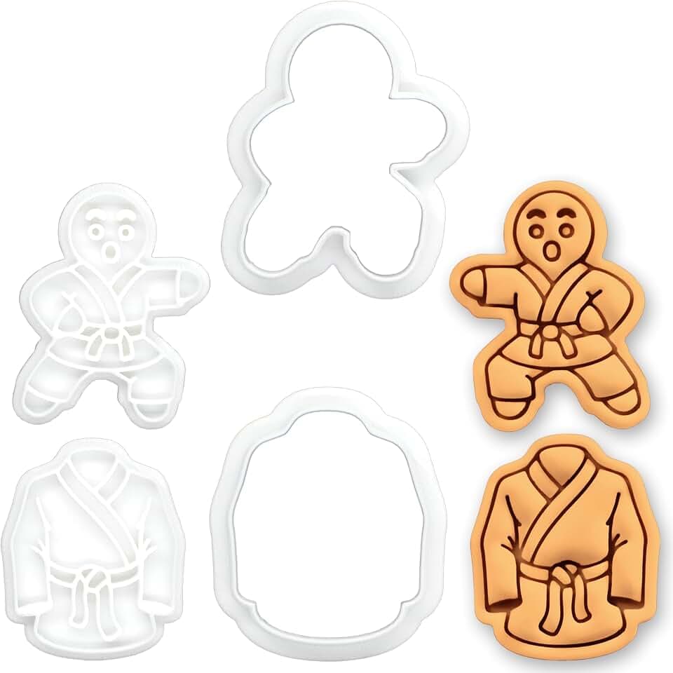 BAKERLOGY Set mit 2 Mini Ausstechformen & Stempel Sets – Karate Lebkuchenmann & Gi Kampfkunst Keksausstecher zum Backen, für Fondant, Kekse & Basteln