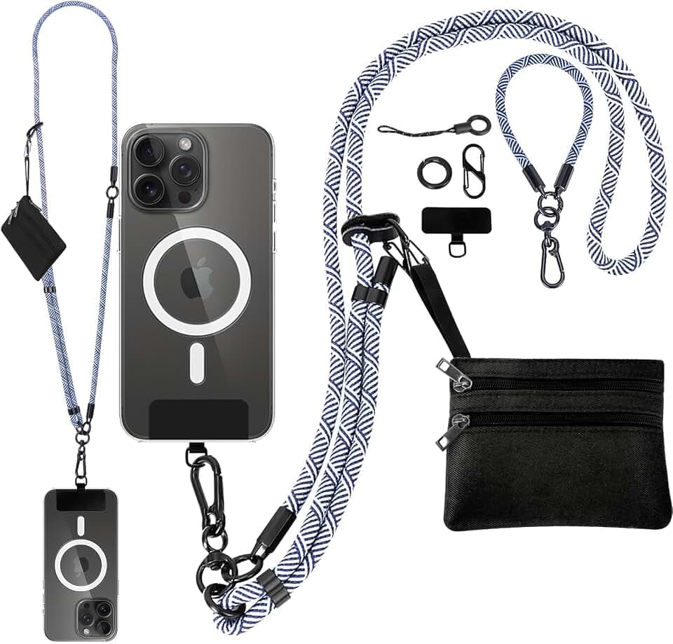 Newlibery Phone Lanyard Crossbody Wrist Strap, Clip and Go Strap for Phone with Wallet, Adjustable Anti-Theft Cell Phone Strap for All Phones (Blue-Gray Lanyard + Black Wallet)