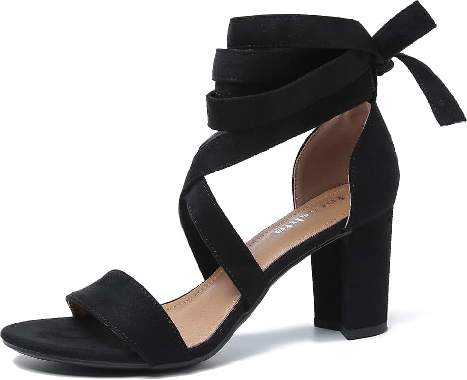 fereshte Women's Strappy Lace Up Ankle Wrap Block Heel Sandals, Open Toe Chunky Heels, 3 Inch
