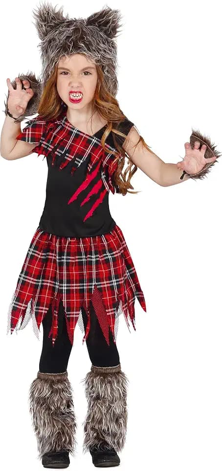 FIESTAS GUIRCA | Schottischer Wolf Kostüm für Kinder - Kapuze, Stulpen, Handschuhe und Kleid - Wolf- und Tierkostüme für Halloween, Karneval und Kostümpartys - Ideal für Mädchen - Schwarz und Rot