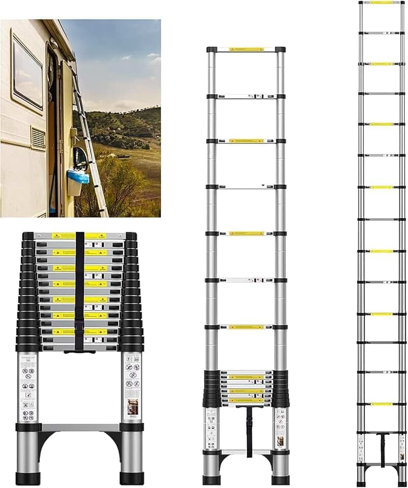 4.7m Teleskopleiter, Aluminium-Leichtbau-Ausziehleiter mit rutschfesten Füßen, tragbare Dachbodenleiter, Heavy Duty RV zusammenklappbare Leiter für RV, Haushalt, Outdoor-Arbeiten(4.7M)