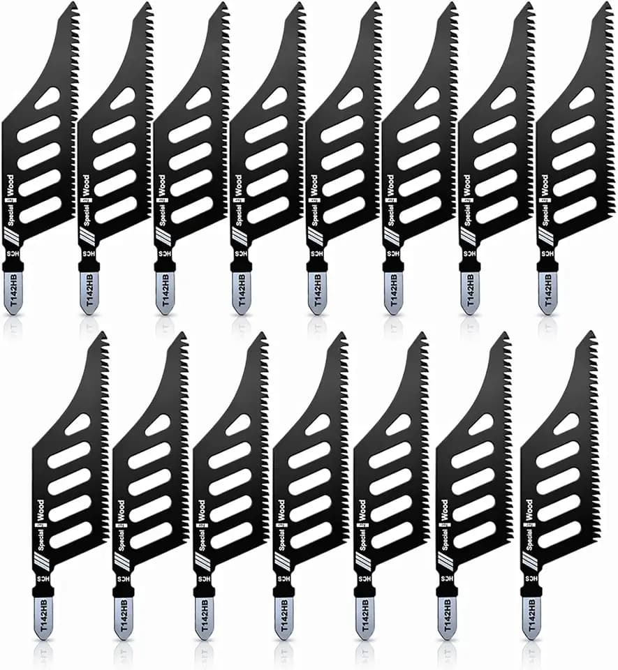 T142HB T Shank Jigsaw Blades 15 Pack, Extra Wide High Carbon Steel Jig Saw Blades for Wood, Straight Cut and Flush Cut Wood Cutting Blades for Plywood, Particle Board, Plastic and Trim
