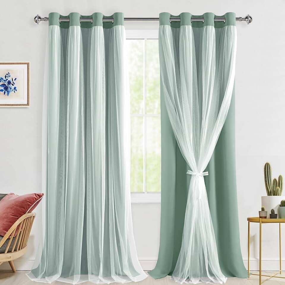 Hiasan Blackout Curtains with Sheer Overlay, Sage Green, 52W X 108L, 2pcs