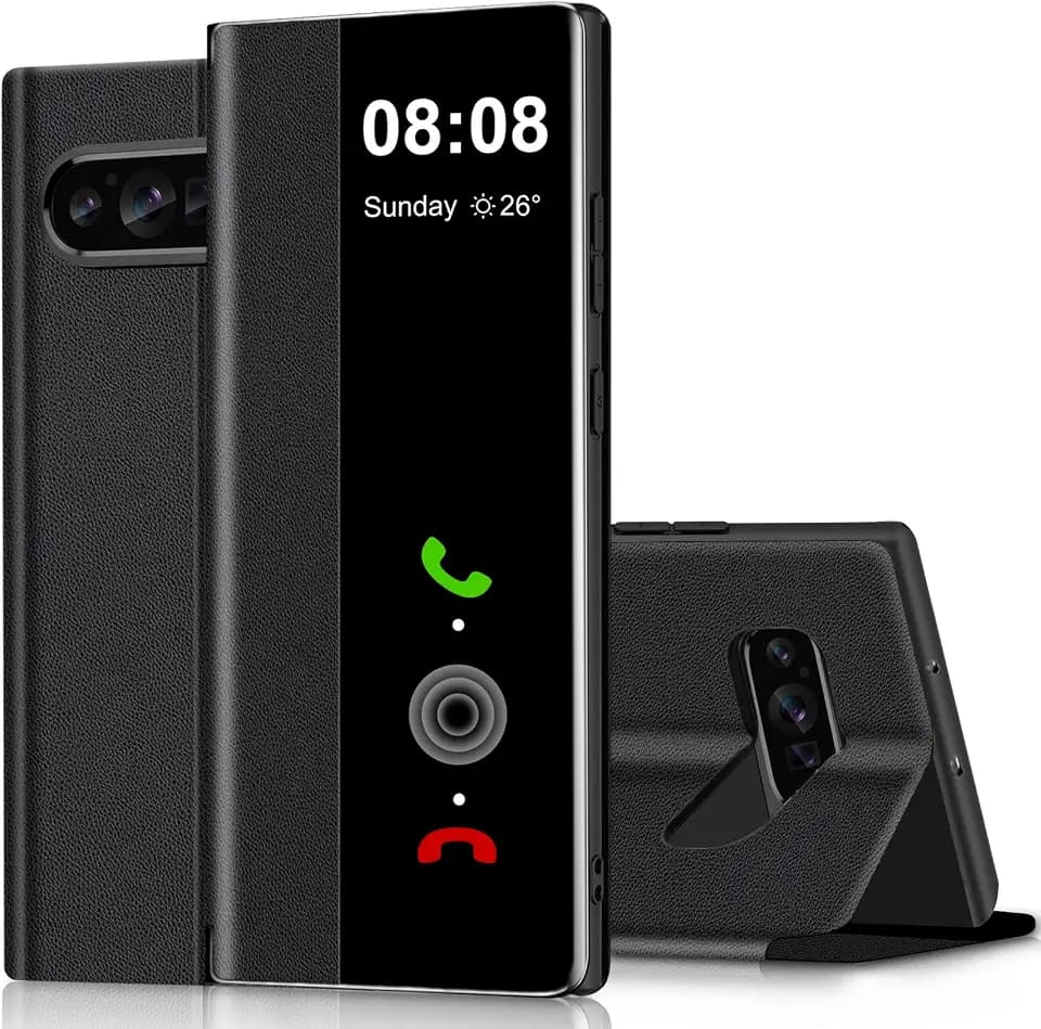Schutzhülle für Pixel 9 Pro XL, Clear View Cover, Schutzhülle für Google Pixel 9 Pro XL, Flip-Case, Silikon, TPU, stoßfest, dünn, weich, 360 Full Body stoßfest (Schwarz 1)