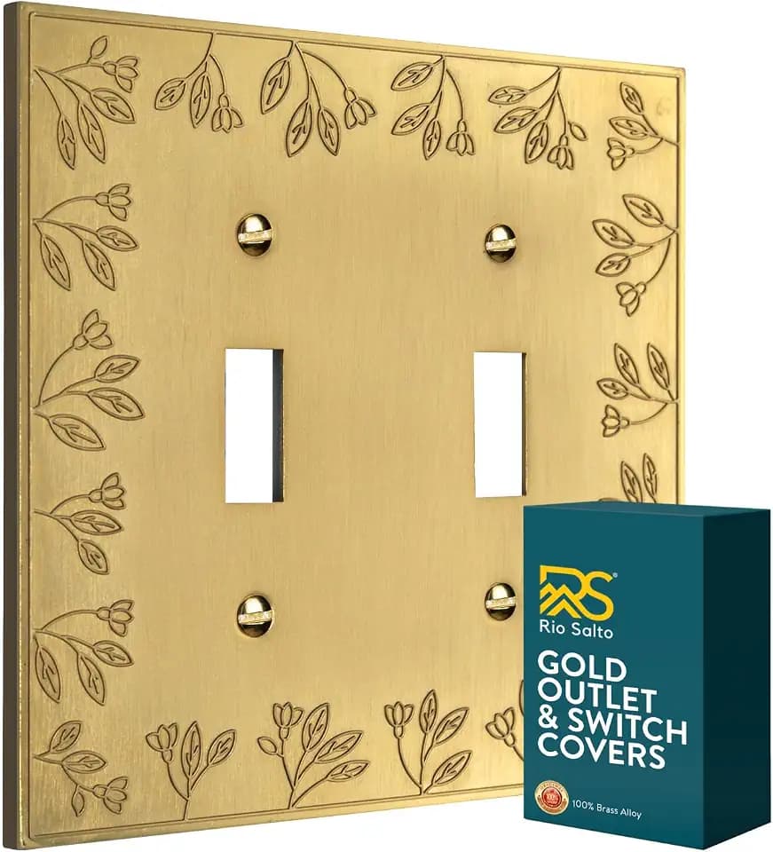 Rio Salto Brushed Gold Decorative 2 Light Switch Cover Double Toggle Switch Plate 2 Gang Toggle Wall Plate Flip Switch Premium Metal Wall Plates Floral Collection, Midsize 5.00" x 5.00"
