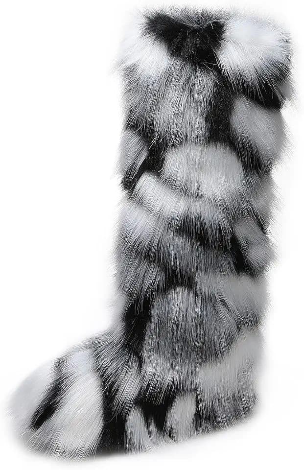 WOVOIE Knee High Fur Boots for Women Faux Fur Boots, Fluffy Round Toe, Winter Cosy Plush Warm Outdoor Snow Boots