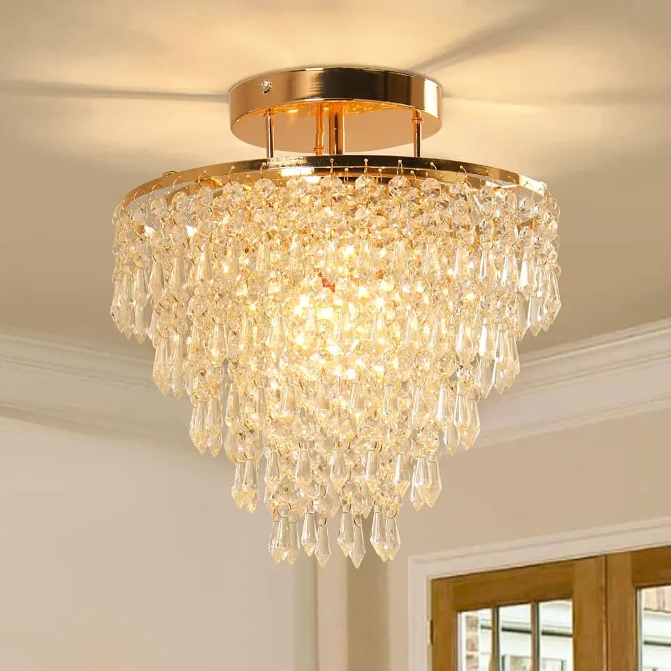FRIXCHUR 11.8 in Gold Crystal Chandelier, Flush Mount E26 Ceiling Light