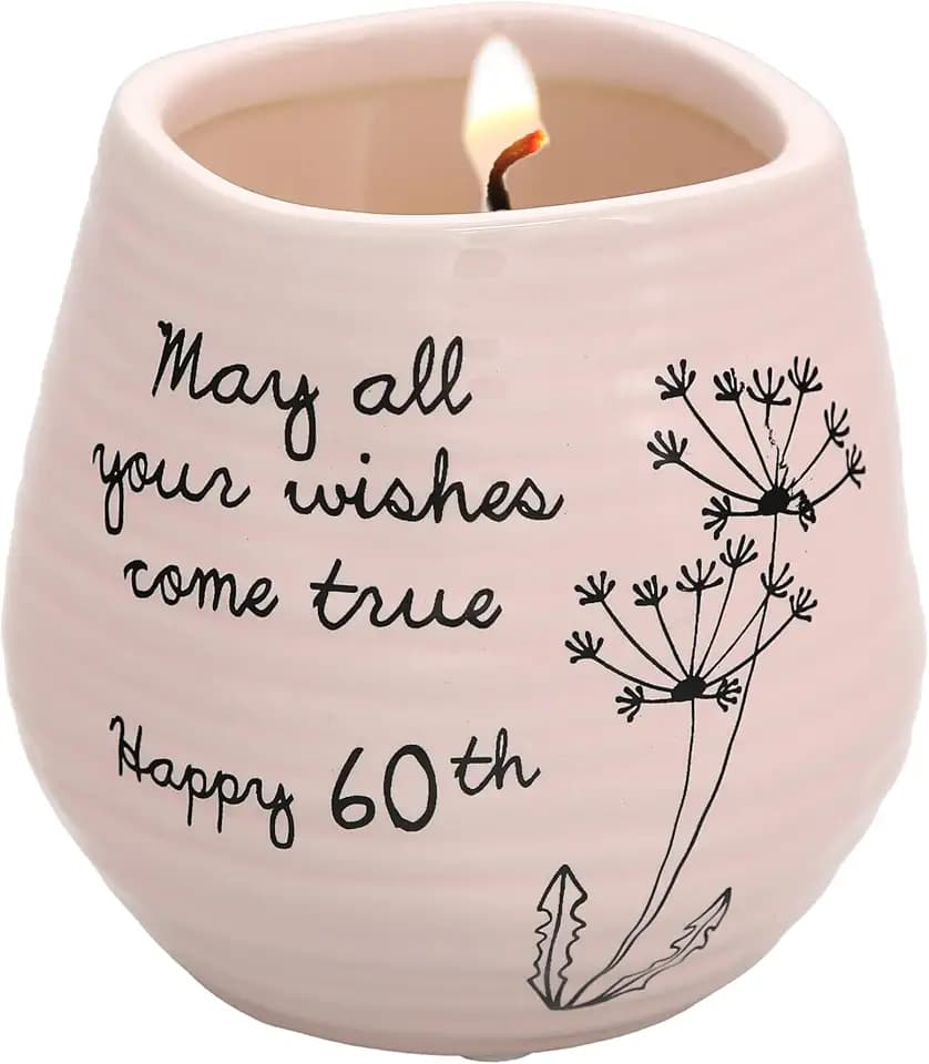 Pavilion - 8 Oz Candle Holder - Pink Ceramic Candle Jar with 100% Soy Wax Candle Serenity Scent "May all your wishes come true Happy 60th" Ideal Gift for Loved Ones - Printed Text, Love Theme & Oval