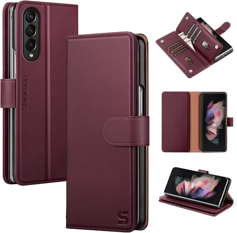 Shieldtop for Samsung Galaxy Z Fold 3 Wallet Case with Card Holder,Wine Red