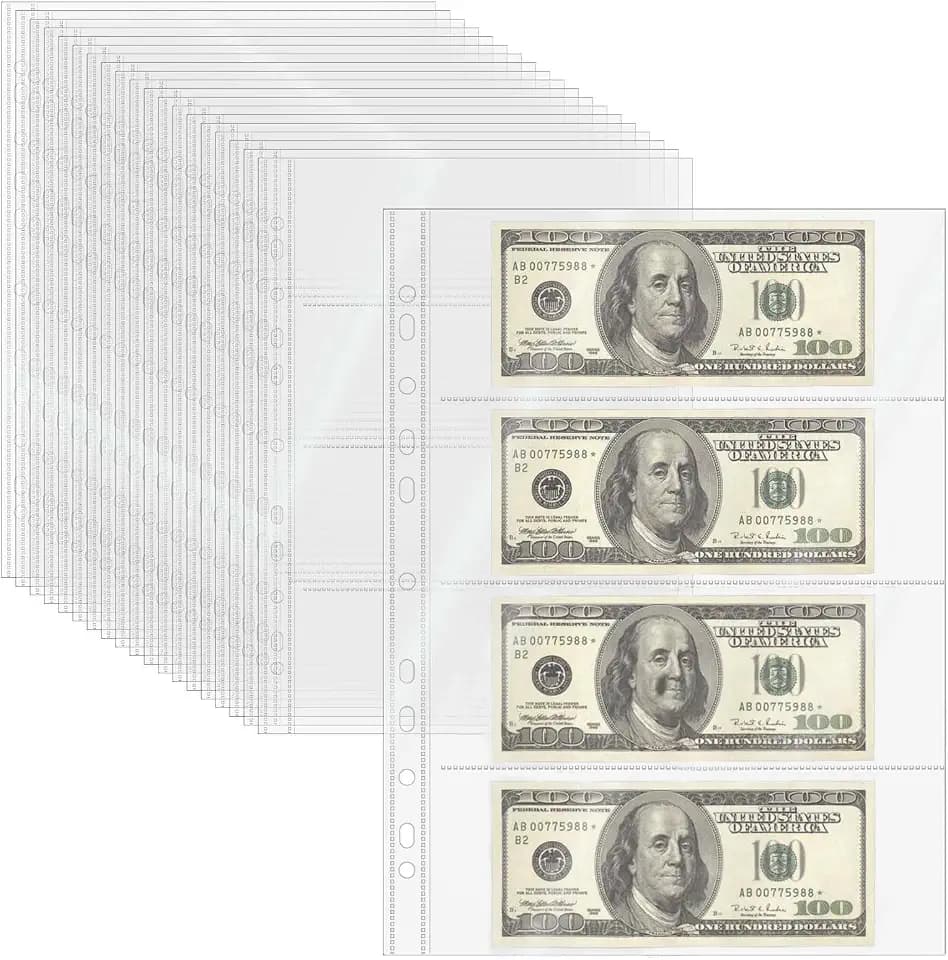 Mogoostry A4 Clear Sheet Protectors 4 Pocket Binder Sleeves 20 Sheets 11 Holes Side Open Banknote Protector Currency Collection Page Protector