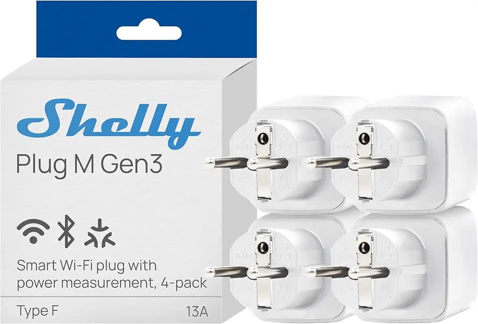 Shelly Plug M Gen3 Weiß - WLAN & Matter Smarte Steckdose, Leistungsmessung, 13A, 3000W, Zeitschaltuhr, Stecker, Smart Home Stecker, Alexa & Google, Apple HomeKit, Kein Hub Erforderlich (4 Stück)