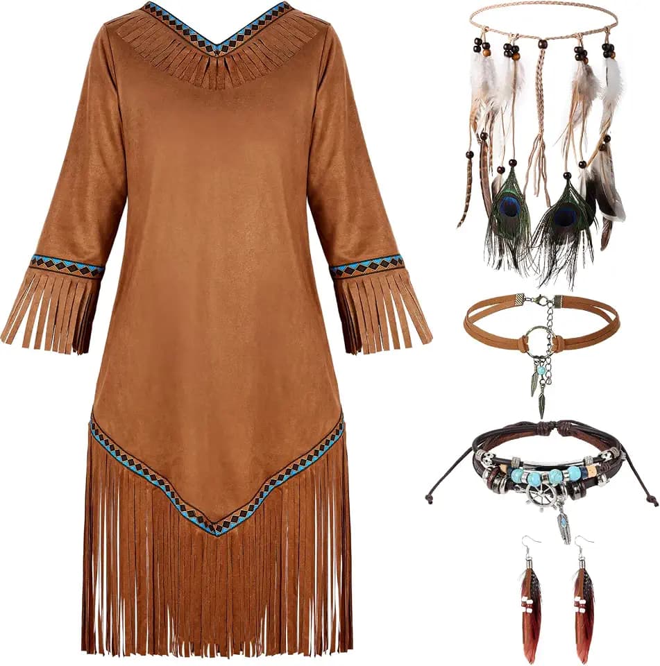 Foaincore 5 Pcs Native Indian Princess Costume Set for Halloween