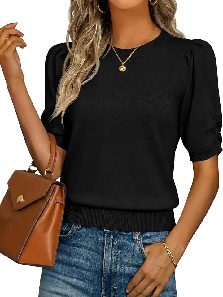 Saodimallsu Womens Puff Sleeve Sweater Tops Ruffle Crew Neck Dressy Casual Loose Knit Pullover Shirts Blouses