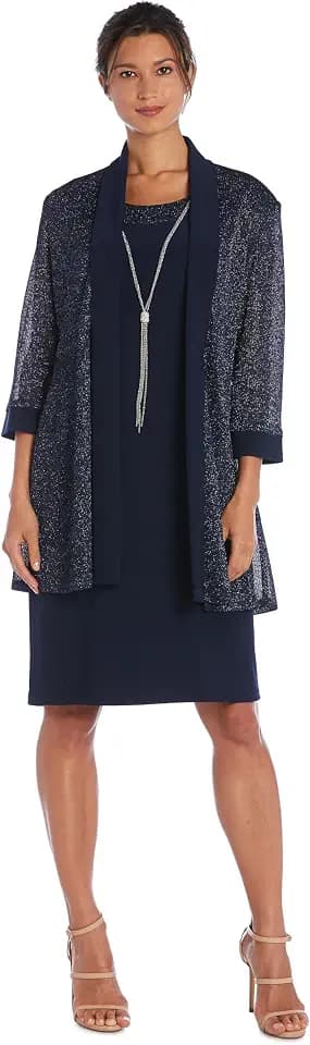 R&M Richards Women's Formal 2-Piece Metallic Rib Knit Pleated Jacket & Shift Dress Set with Necklace for Mother of the Bride