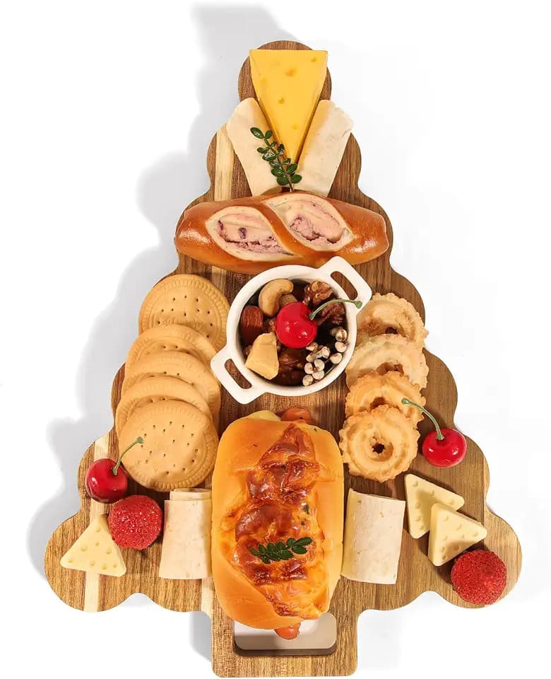 WLWNWFT Christmas Tree Acacia Wood Serving Board, Wooden Charcuterie Cutting Board with Handle, Festive Cheese Platter for Christmas Party, Holiday Kitchen Decor, Christmas Gift for Family Friends