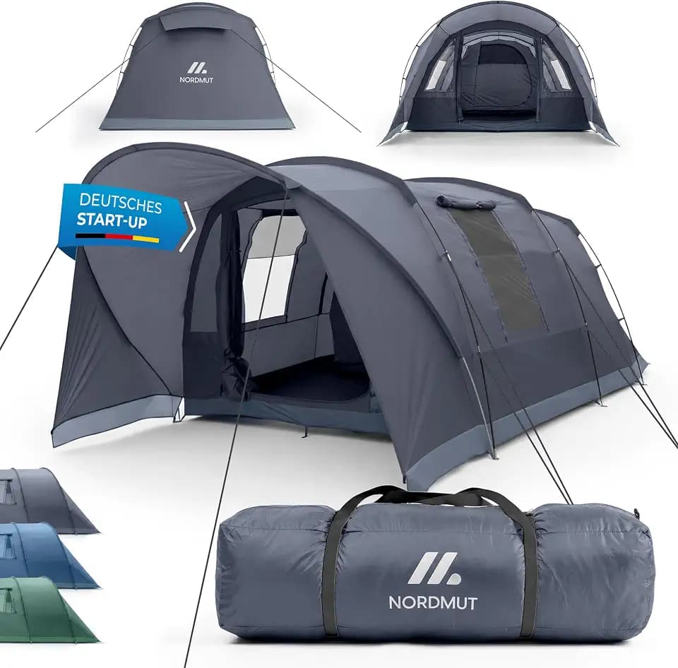 NORDMUT® Tunnelzelt 4 oder 6 Personen windfest inkl. Vordach & Boden – stabiles Familienzelt mit Stehhöhe – Campingzelt wasserdicht mit hervorragender Luftzirkulation